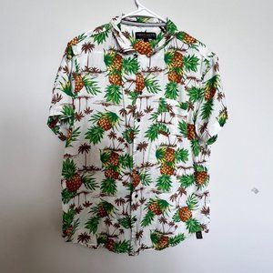Free Planet Men's Hawaiian Button Down Pineapple Shirt Size L